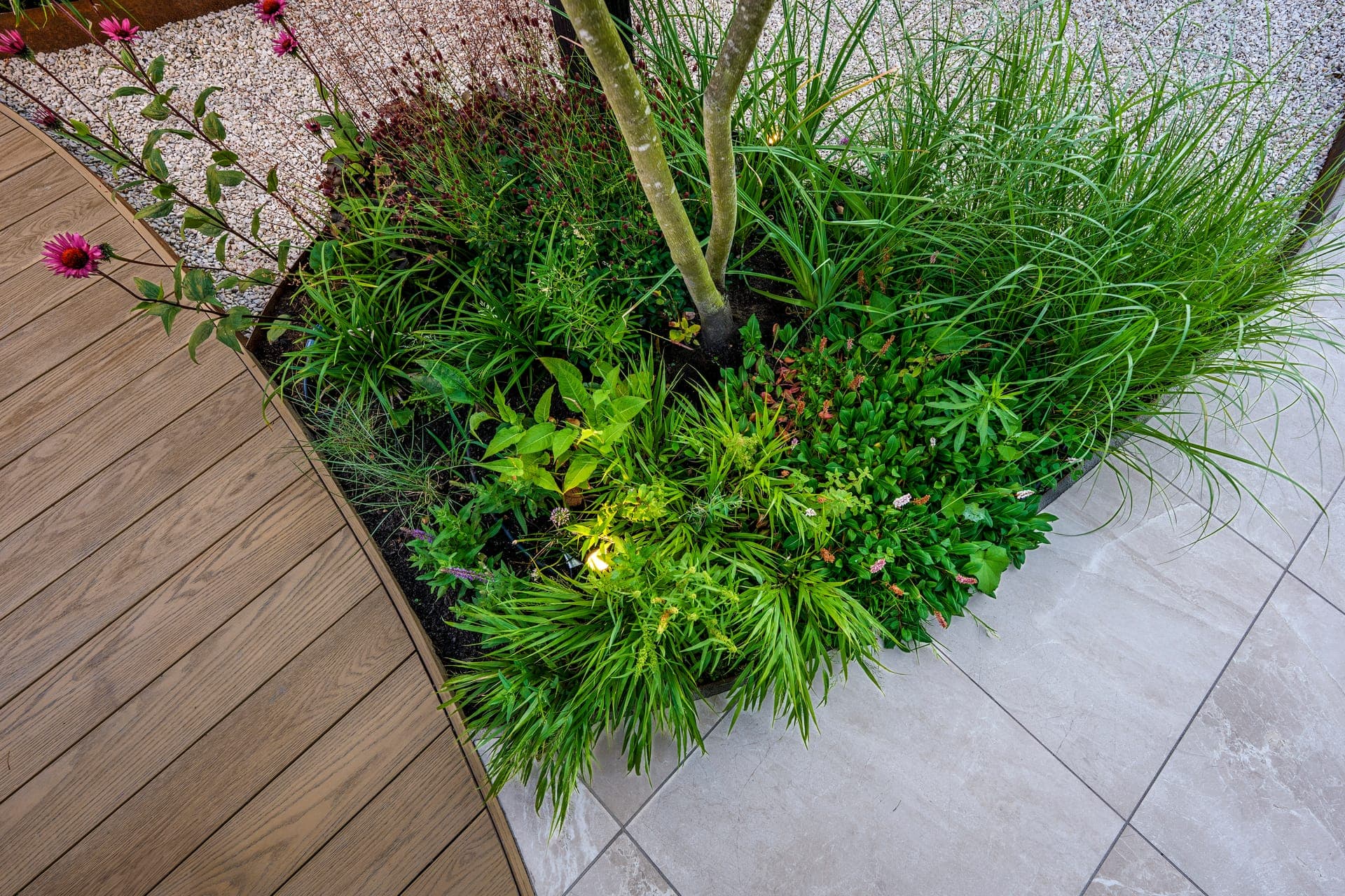 Detail van het plantvak met siergrassen
