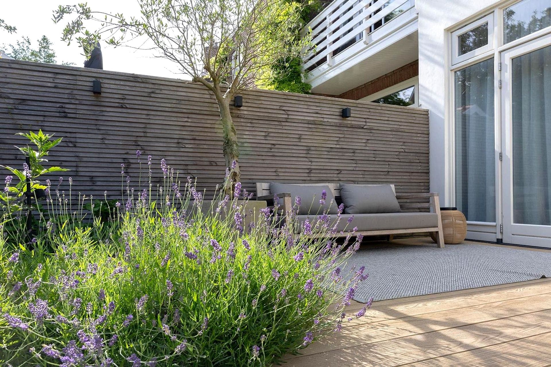 Loungebank bij de houten schutting met lavendel